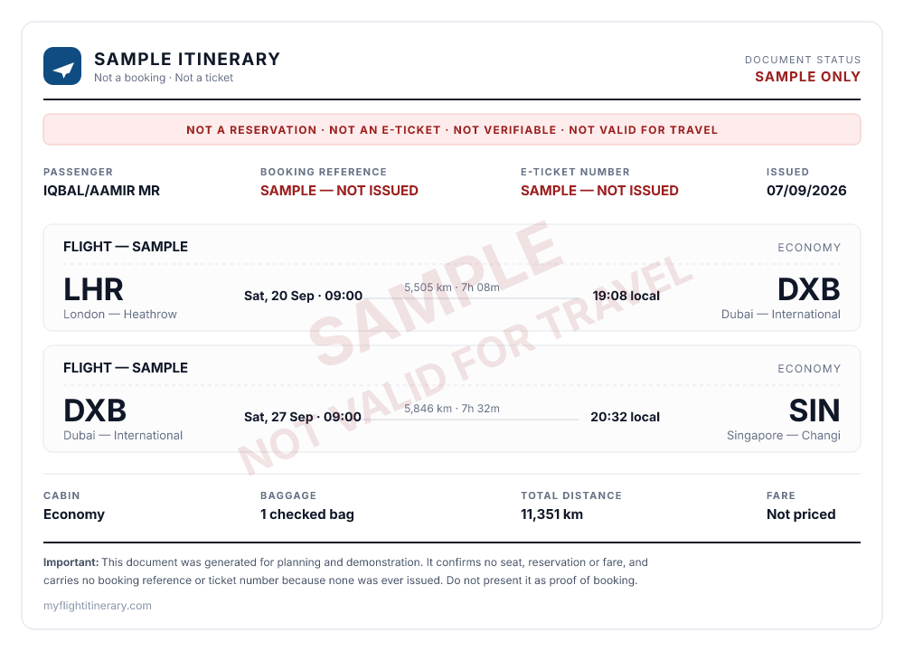 A sample flight itinerary showing the passenger block, two flight segments from London Heathrow to Dubai and Dubai to Singapore with computed distances and local arrival times, and the booking reference and e-ticket number fields both reading SAMPLE — NOT ISSUED, over a SAMPLE NOT VALID FOR TRAVEL watermark.